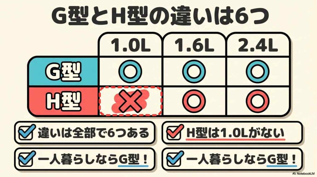G型とH型の違いは6つ【スペック比較表】