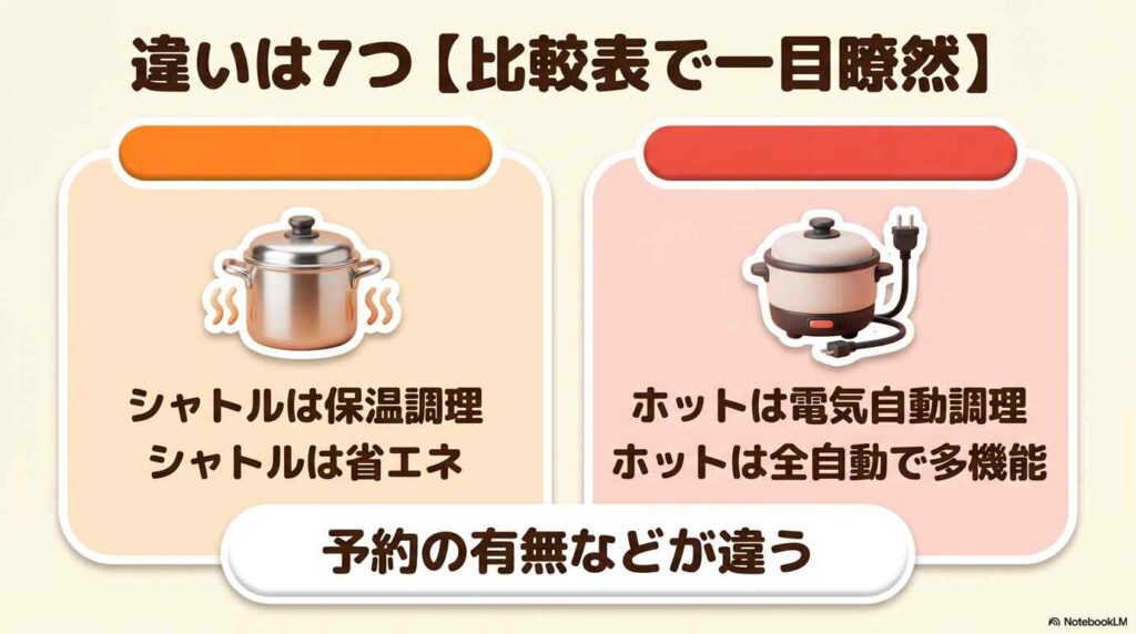 シャトルシェフとホットクックの違いは7つ【比較表で一目瞭然】