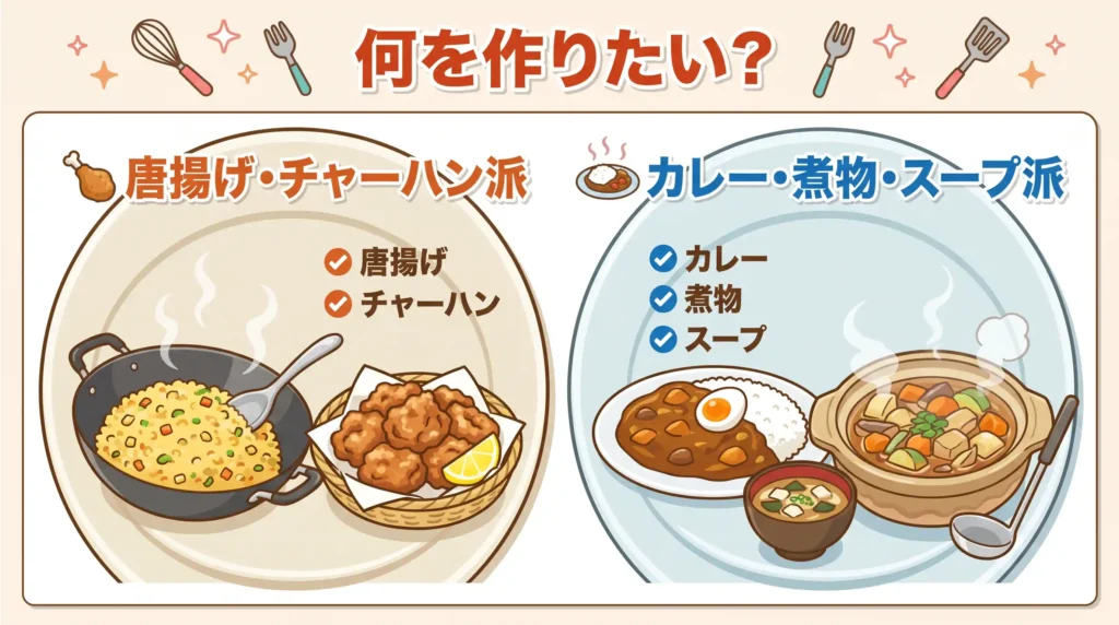 比較② 得意料理：炒め揚げ派と煮込み蒸し派で分かれる