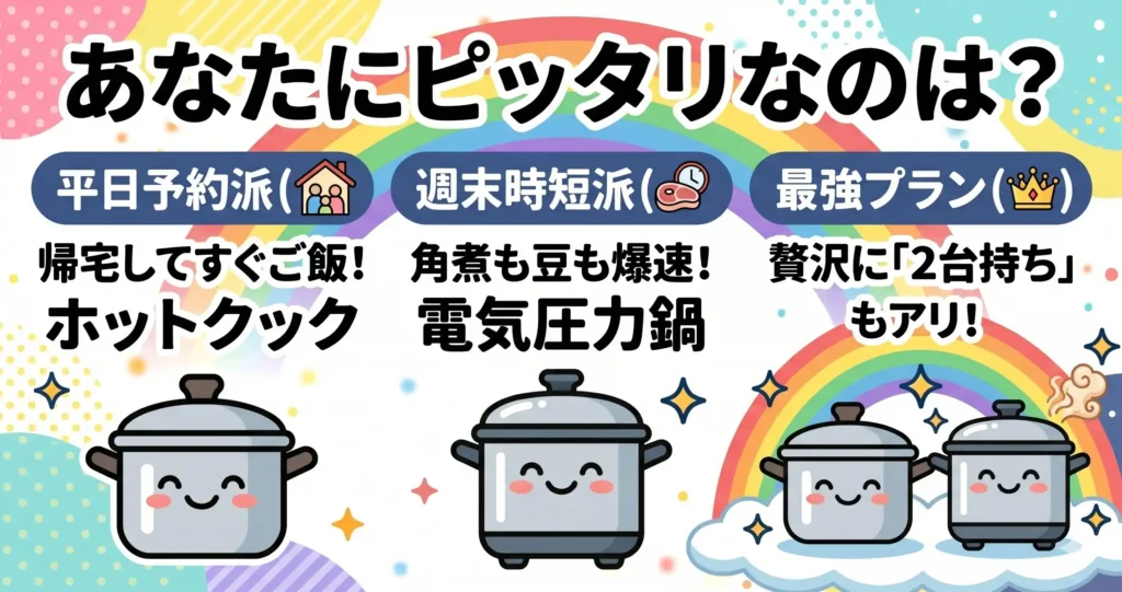 結論 〜ホットクックと電気圧力鍋はどんな人にどっちがおすすめ？〜
