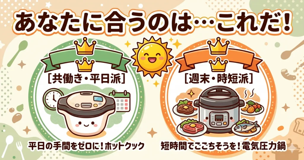 まとめ：ホットクックと電気圧力鍋は"似た家電"ではなく"目的が違う道具"