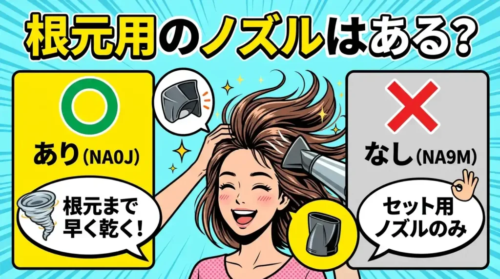 比較④ 付属ノズル 根元速乾ノズルがあるかないか