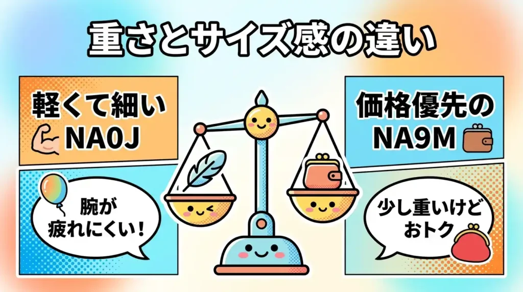 比較③ 本体の重さとサイズ 毎日持つ腕の負担で選ぶ
