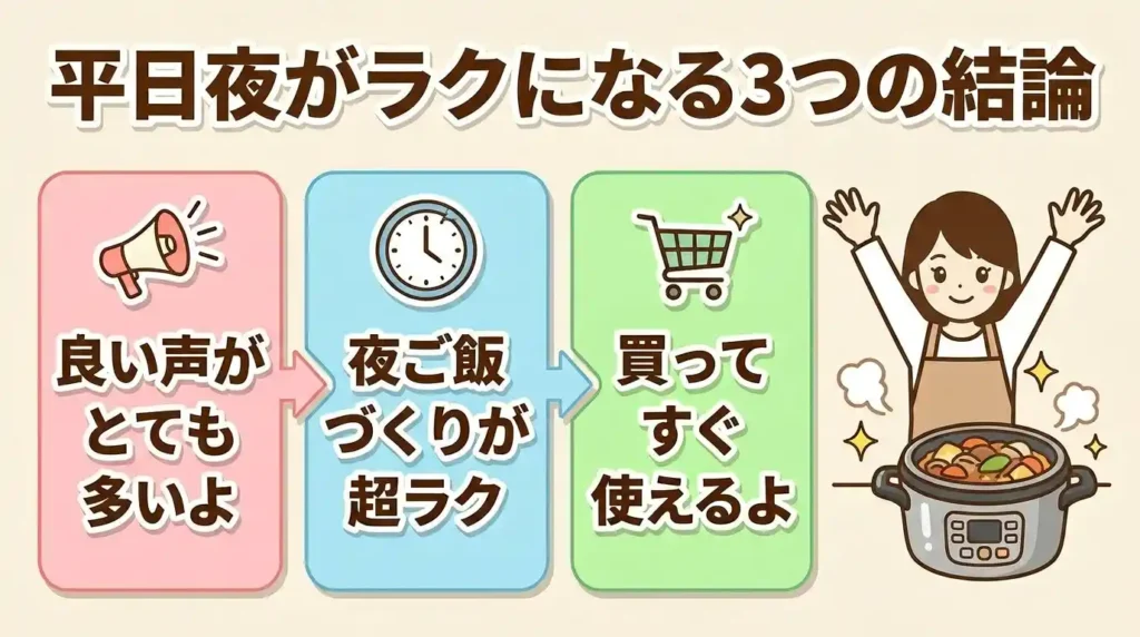 結論｜EL-KA23の評判はポジティブ。共働きの平日夜を救う3つの結論