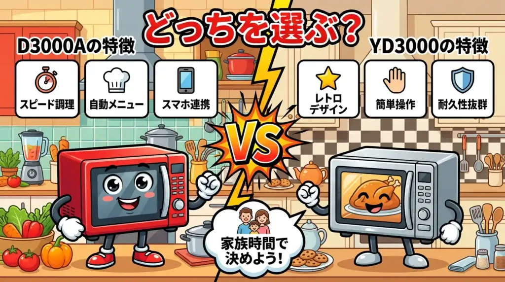 スライド1. タイトル: ER-D3000AとER-YD3000の違い7つを比較！家族時間で選ぶならどっち？ スライドタイトル（極太・大文字）: どっちを選ぶ？ 図解の構成: 左右対比のカラフルなパネルと中央の「VS」マーク テキスト（各15文字以内厳守）: [左パネル上部] (🆕) D3000Aの特徴 [右パネル上部] (🕒) YD3000の特徴 [中央ふきだし] (👨‍👩‍👧) 家族時間で決めよう！ メインイラスト: 2台のオーブンレンジが仲良く並んで対決しているポップなイラスト スライド2. H2: ER-D3000AとER-YD3000の違いを一覧で比較！家族時間で決まる結論 スライドタイトル（極太・大文字）: ズバリ結論！ 図解の構成: 中央に大きな時計アイコン、左右に結果パネルを配置 テキスト（各15文字以内厳守）: [左パネル] (🥘) 夜の時短は新型！ [右パネル] (🍞) 朝の時短は旧型！ [下部ふきだし] (💡) 7つの違いをチェック メインイラスト: 笑顔の家族と、キラキラ光るオーブンレンジのイラスト スライド3. H2: 比較① 石窯おまかせ焼きのメニュー：グラタンが追加された スライドタイトル（極太・大文字）: グラタン作りがラク 図解の構成: グラタンのお皿を囲む2つのふきだしパネル テキスト（各15文字以内厳守）: [左ふきだし] (🆕) 新型はグラタン追加 [右ふきだし] (🤤) 子どもも大喜び！ [下部パネル] (✨) おまかせ焼きで簡単 メインイラスト: ホカホカの美味しそうなグラタンと、喜ぶ子どものイラスト スライド4. H2: 比較② 自動メニュー数：5種類差が平日の固定化メニューを救う スライドタイトル（極太・大文字）: メニュー数のちがい 図解の構成: メニュー表を模した2つのパネルを天秤で比較 テキスト（各15文字以内厳守）: [天秤左] (📖) 新型は119種類！ [天秤右] (📕) 旧型は114種類！ [中央ふきだし] (🍳) 平日のご飯を救う！ メインイラスト: たくさんの料理アイコンが飛び出しているフライパンのイラスト スライド5. H2: 比較③ 別冊料理集・Web料理集：レシピが続く仕組みの差 スライドタイトル（極太・大文字）: レシピの探し方 図解の構成: 本とスマホのアイコンを矢印でつなぐステップ図 テキスト（各15文字以内厳守）: [左ステップ] (📚) 紙のレシピ本 [右ステップ] (📱) スマホでWeb検索 [下部パネル] (🔍) 両方使えて便利！ メインイラスト: スマホとレシピ本を持って料理を楽しんでいるポップなイラスト スライド6. H2: 比較④ トースト焼き時間：朝の1分50秒を取り戻すのは旧型 スライドタイトル（極太・大文字）: トーストの焼き時間 図解の構成: 食パンの形をした2つの比較パネルと時計アイコン テキスト（各15文字以内厳守）: [左パネル] (🍞) 旧型の方が早い！ [右パネル] (⏰) 1分50秒のちがい [下部ふきだし] (🌅) 忙しい朝の救世主 メインイラスト: こんがり焼けたトーストと目覚まし時計のイラスト スライド7. H2: 比較⑤ 付属品の焼網：魚・鶏肉派が嬉しいのは旧型 スライドタイトル（極太・大文字）: 焼網があるのは旧型 図解の構成: 焼き網アイコンを中心に、両側に用途を配置したパネル テキスト（各15文字以内厳守）: [左パネル] (🐟) お魚もおいしく！ [右パネル] (🍗) お肉もこんがり！ [下部ふきだし] (🙌) 旧型は焼網付き！ メインイラスト: 焼き網の上で美味しそうに焼けている魚とお肉のイラスト スライド8. H2: 比較⑥ 発売年と型番表記：1年差で生まれた違い スライドタイトル（極太・大文字）: 発売年と型番のちがい 図解の構成: カレンダーを模した2つのパネルを「VS」で比較 テキスト（各15文字以内厳守）: [左パネル] (🗓) たった1年のちがい [右パネル] (🔰) 新型は保証が長い [下部ふきだし] (🏷) 型番をチェック！ メインイラスト: 新旧2つのカレンダーと、安心マーク（盾）のイラスト スライド9. H2: 比較⑦ 価格傾向と購入のタイミング：今買うべきはどっち？ スライドタイトル（極太・大文字）: いつ買うのがお得？ 図解の構成: お財布アイコンとグラフを組み合わせたパネル テキスト（各15文字以内厳守）: [左パネル] (💴) 新型の方が安いかも [右パネル] (🛒) 在庫をチェック！ [下部ふきだし] (🎯) タイミングが大事 メインイラスト: お財布から飛び出すコインと、右肩下がりのグラフのイラスト スライド10. H2: 後継機ER-D3000Bが出た今、ER-D3000AとER-YD3000を選ぶ理由 スライドタイトル（極太・大文字）: あえて型落ちを選ぶ 図解の構成: 新しい箱と古い箱を並べた比較パネル テキスト（各15文字以内厳守）: [左パネル] (📦) 最新機種も出たよ [右パネル] (💰) 型落ちはコスパ最高 [下部ふきだし] (👨‍👩‍👧) 家族時間を守ろう メインイラスト: 最新機種の横で、お買い得マークがついたレンジが喜んでいるイラスト スライド11. H2: ER-D3000AとER-YD3000の共通スペックと気になる声 スライドタイトル（極太・大文字）: 2つの共通ポイント 図解の構成: 中心に大きなレンジ、周りに3つの特徴パネルを放射状に配置 テキスト（各15文字以内厳守）: [上パネル] (🌡) 300度の高火力！ [左下パネル] (📏) コンパクトな奥行 [右下パネル] (🍕) 石窯ドームで美味 メインイラスト: パワフルな炎とピザが描かれたオーブンレンジのイラスト スライド12. H2: 結論：ER-D3000AとER-YD3000はどんな人にどっちがおすすめ？ スライドタイトル（極太・大文字）: あなたに合うのは？ 図解の構成: 左右に分かれた「分かれ道」の標識パネル テキスト（各15文字以内厳守）: [左の道] (🥘) 新メニューなら新型 [右の道] (🍞) 朝食重視なら旧型 [看板] (🎯) 迷ったら新型を！ メインイラスト: 分かれ道の真ん中で、ピコーン！とひらめいている電球のイラスト スライド13. H2: ER-D3000AとER-YD3000の違いに関するよくある質問 スライドタイトル（極太・大文字）: よくあるギモン！ 図解の構成: 4つのカラフルな「Q＆A」めくりパネル（田の字配置） テキスト（各15文字以内厳守）: [Q1パネル] (❓) 掃除のしやすさは？ [Q2パネル] (🔌) 電気代はちがう？ [Q3パネル] (📏) 置き場所の広さは？ [Q4パネル] (🤔) 結局どっちが良い？ メインイラスト: 頭の上に「？」マークが浮かんでいるカラフルなレンジのイラスト スライド14. H2: まとめ：家族時間で選ぶなら、グラタン頻度と朝食習慣で1台が決まる スライドタイトル（極太・大文字）: 失敗しない選び方！ 図解の構成: グラタンとトーストのアイコンが並んだゴールテープ テキスト（各15文字以内厳守）: [ゴール1] (🥘) グラタン作る？ [ゴール2] (🍞) パン派？ご飯派？ [ふきだし] (🎉) 自分に合う方を選ぼう メインイラスト: ゴールテープを切ってバンザイしている家族のイラスト