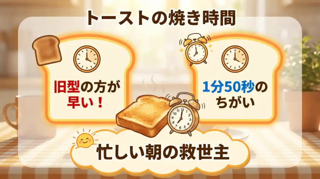 比較④ トースト焼き時間：朝の1分50秒を取り戻すのは旧型