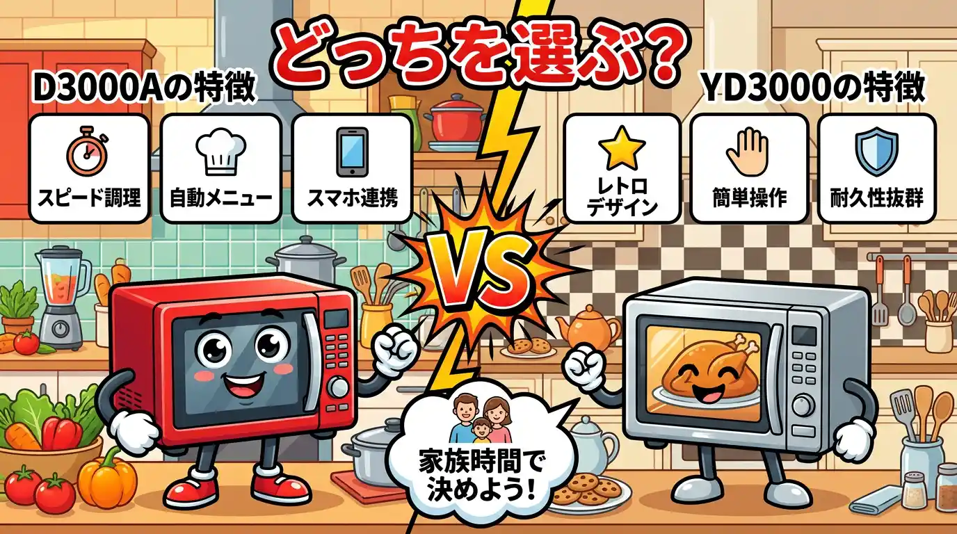 スライド1. タイトル: ER-D3000AとER-YD3000の違い7つを比較！家族時間で選ぶならどっち？ スライドタイトル（極太・大文字）: どっちを選ぶ？ 図解の構成: 左右対比のカラフルなパネルと中央の「VS」マーク テキスト（各15文字以内厳守）: [左パネル上部] (🆕) D3000Aの特徴 [右パネル上部] (🕒) YD3000の特徴 [中央ふきだし] (👨‍👩‍👧) 家族時間で決めよう！ メインイラスト: 2台のオーブンレンジが仲良く並んで対決しているポップなイラスト スライド2. H2: ER-D3000AとER-YD3000の違いを一覧で比較！家族時間で決まる結論 スライドタイトル（極太・大文字）: ズバリ結論！ 図解の構成: 中央に大きな時計アイコン、左右に結果パネルを配置 テキスト（各15文字以内厳守）: [左パネル] (🥘) 夜の時短は新型！ [右パネル] (🍞) 朝の時短は旧型！ [下部ふきだし] (💡) 7つの違いをチェック メインイラスト: 笑顔の家族と、キラキラ光るオーブンレンジのイラスト スライド3. H2: 比較① 石窯おまかせ焼きのメニュー：グラタンが追加された スライドタイトル（極太・大文字）: グラタン作りがラク 図解の構成: グラタンのお皿を囲む2つのふきだしパネル テキスト（各15文字以内厳守）: [左ふきだし] (🆕) 新型はグラタン追加 [右ふきだし] (🤤) 子どもも大喜び！ [下部パネル] (✨) おまかせ焼きで簡単 メインイラスト: ホカホカの美味しそうなグラタンと、喜ぶ子どものイラスト スライド4. H2: 比較② 自動メニュー数：5種類差が平日の固定化メニューを救う スライドタイトル（極太・大文字）: メニュー数のちがい 図解の構成: メニュー表を模した2つのパネルを天秤で比較 テキスト（各15文字以内厳守）: [天秤左] (📖) 新型は119種類！ [天秤右] (📕) 旧型は114種類！ [中央ふきだし] (🍳) 平日のご飯を救う！ メインイラスト: たくさんの料理アイコンが飛び出しているフライパンのイラスト スライド5. H2: 比較③ 別冊料理集・Web料理集：レシピが続く仕組みの差 スライドタイトル（極太・大文字）: レシピの探し方 図解の構成: 本とスマホのアイコンを矢印でつなぐステップ図 テキスト（各15文字以内厳守）: [左ステップ] (📚) 紙のレシピ本 [右ステップ] (📱) スマホでWeb検索 [下部パネル] (🔍) 両方使えて便利！ メインイラスト: スマホとレシピ本を持って料理を楽しんでいるポップなイラスト スライド6. H2: 比較④ トースト焼き時間：朝の1分50秒を取り戻すのは旧型 スライドタイトル（極太・大文字）: トーストの焼き時間 図解の構成: 食パンの形をした2つの比較パネルと時計アイコン テキスト（各15文字以内厳守）: [左パネル] (🍞) 旧型の方が早い！ [右パネル] (⏰) 1分50秒のちがい [下部ふきだし] (🌅) 忙しい朝の救世主 メインイラスト: こんがり焼けたトーストと目覚まし時計のイラスト スライド7. H2: 比較⑤ 付属品の焼網：魚・鶏肉派が嬉しいのは旧型 スライドタイトル（極太・大文字）: 焼網があるのは旧型 図解の構成: 焼き網アイコンを中心に、両側に用途を配置したパネル テキスト（各15文字以内厳守）: [左パネル] (🐟) お魚もおいしく！ [右パネル] (🍗) お肉もこんがり！ [下部ふきだし] (🙌) 旧型は焼網付き！ メインイラスト: 焼き網の上で美味しそうに焼けている魚とお肉のイラスト スライド8. H2: 比較⑥ 発売年と型番表記：1年差で生まれた違い スライドタイトル（極太・大文字）: 発売年と型番のちがい 図解の構成: カレンダーを模した2つのパネルを「VS」で比較 テキスト（各15文字以内厳守）: [左パネル] (🗓) たった1年のちがい [右パネル] (🔰) 新型は保証が長い [下部ふきだし] (🏷) 型番をチェック！ メインイラスト: 新旧2つのカレンダーと、安心マーク（盾）のイラスト スライド9. H2: 比較⑦ 価格傾向と購入のタイミング：今買うべきはどっち？ スライドタイトル（極太・大文字）: いつ買うのがお得？ 図解の構成: お財布アイコンとグラフを組み合わせたパネル テキスト（各15文字以内厳守）: [左パネル] (💴) 新型の方が安いかも [右パネル] (🛒) 在庫をチェック！ [下部ふきだし] (🎯) タイミングが大事 メインイラスト: お財布から飛び出すコインと、右肩下がりのグラフのイラスト スライド10. H2: 後継機ER-D3000Bが出た今、ER-D3000AとER-YD3000を選ぶ理由 スライドタイトル（極太・大文字）: あえて型落ちを選ぶ 図解の構成: 新しい箱と古い箱を並べた比較パネル テキスト（各15文字以内厳守）: [左パネル] (📦) 最新機種も出たよ [右パネル] (💰) 型落ちはコスパ最高 [下部ふきだし] (👨‍👩‍👧) 家族時間を守ろう メインイラスト: 最新機種の横で、お買い得マークがついたレンジが喜んでいるイラスト スライド11. H2: ER-D3000AとER-YD3000の共通スペックと気になる声 スライドタイトル（極太・大文字）: 2つの共通ポイント 図解の構成: 中心に大きなレンジ、周りに3つの特徴パネルを放射状に配置 テキスト（各15文字以内厳守）: [上パネル] (🌡) 300度の高火力！ [左下パネル] (📏) コンパクトな奥行 [右下パネル] (🍕) 石窯ドームで美味 メインイラスト: パワフルな炎とピザが描かれたオーブンレンジのイラスト スライド12. H2: 結論：ER-D3000AとER-YD3000はどんな人にどっちがおすすめ？ スライドタイトル（極太・大文字）: あなたに合うのは？ 図解の構成: 左右に分かれた「分かれ道」の標識パネル テキスト（各15文字以内厳守）: [左の道] (🥘) 新メニューなら新型 [右の道] (🍞) 朝食重視なら旧型 [看板] (🎯) 迷ったら新型を！ メインイラスト: 分かれ道の真ん中で、ピコーン！とひらめいている電球のイラスト スライド13. H2: ER-D3000AとER-YD3000の違いに関するよくある質問 スライドタイトル（極太・大文字）: よくあるギモン！ 図解の構成: 4つのカラフルな「Q＆A」めくりパネル（田の字配置） テキスト（各15文字以内厳守）: [Q1パネル] (❓) 掃除のしやすさは？ [Q2パネル] (🔌) 電気代はちがう？ [Q3パネル] (📏) 置き場所の広さは？ [Q4パネル] (🤔) 結局どっちが良い？ メインイラスト: 頭の上に「？」マークが浮かんでいるカラフルなレンジのイラスト スライド14. H2: まとめ：家族時間で選ぶなら、グラタン頻度と朝食習慣で1台が決まる スライドタイトル（極太・大文字）: 失敗しない選び方！ 図解の構成: グラタンとトーストのアイコンが並んだゴールテープ テキスト（各15文字以内厳守）: [ゴール1] (🥘) グラタン作る？ [ゴール2] (🍞) パン派？ご飯派？ [ふきだし] (🎉) 自分に合う方を選ぼう メインイラスト: ゴールテープを切ってバンザイしている家族のイラスト
