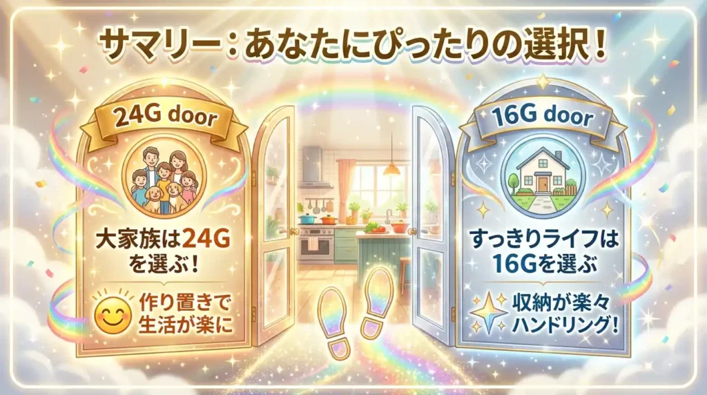 まとめ：4人以上は24G、2〜3人＋置き場所重視は16Gで家事を崩さない1台を選ぼう