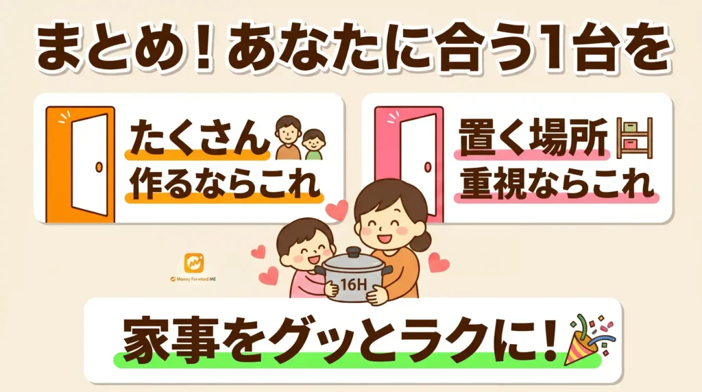 まとめ：4人以上は24H、2〜3人＋置き場所重視は16Hで家事を崩さない1台を選ぼう