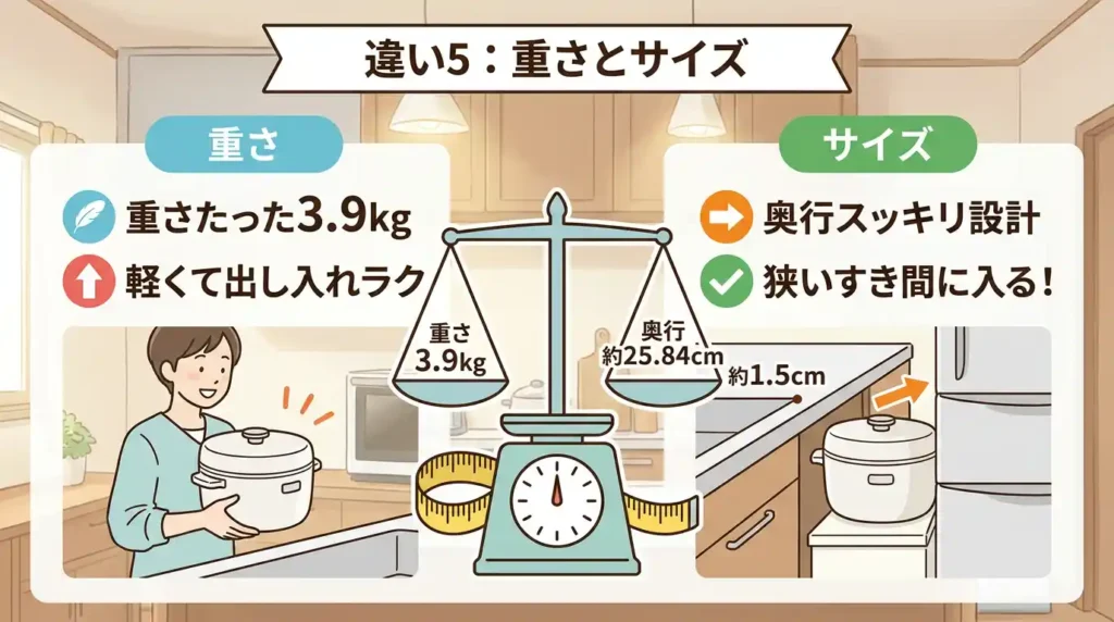 違い⑤ 重量・サイズ・液晶位置：3.9kgと5.0kgで出し入れが変わる