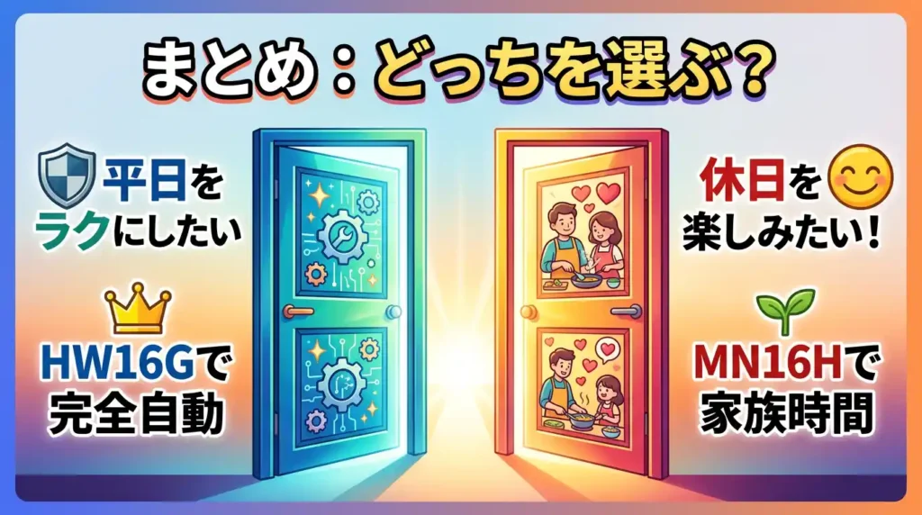 まとめ：完全自動で平日を守るか、家族時間で土日を取り戻すかで1台を決めよう