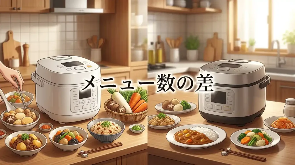 違い3 自動メニュー数：90 vs 157、67品差で飽きるかが決まる
