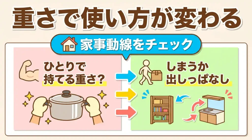 比較④ 本体の重さ：置きっぱなしか移動ありかで結論が変わる