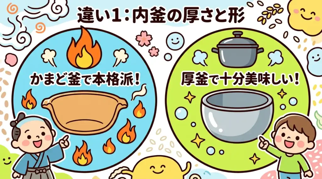 比較① 内釜の違い〜豪炎かまど釜と鉄器コート黒まる厚釜 