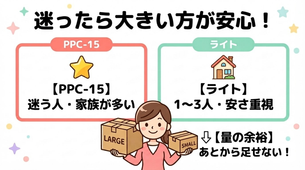 結論：迷ったらパリパリキューPPC-15、毎日少なめならライト
