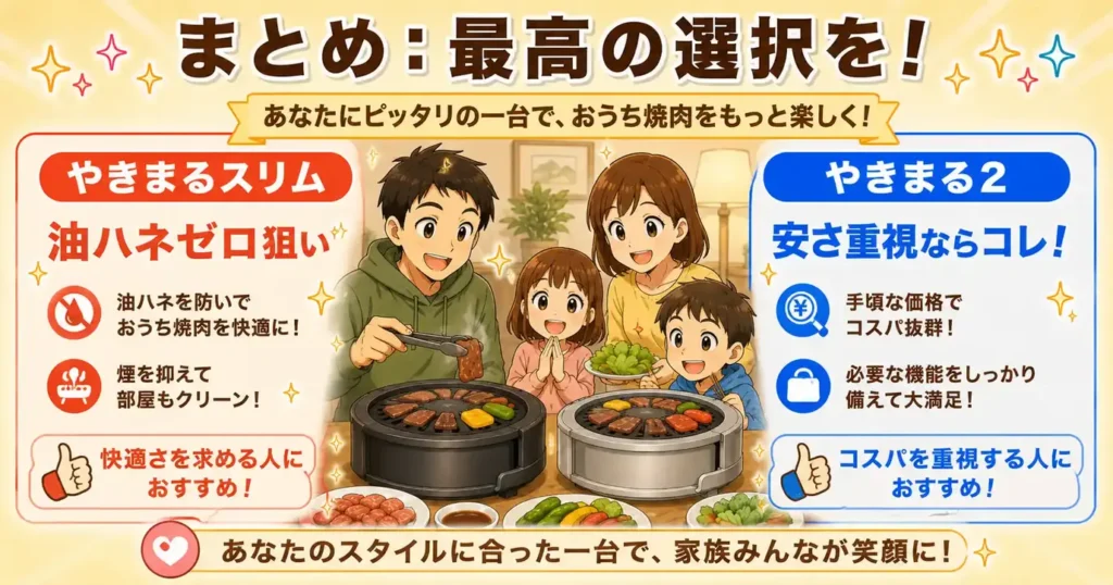 まとめ：後片付けまで軽くするならスリム、価格で選ぶならやきまる2